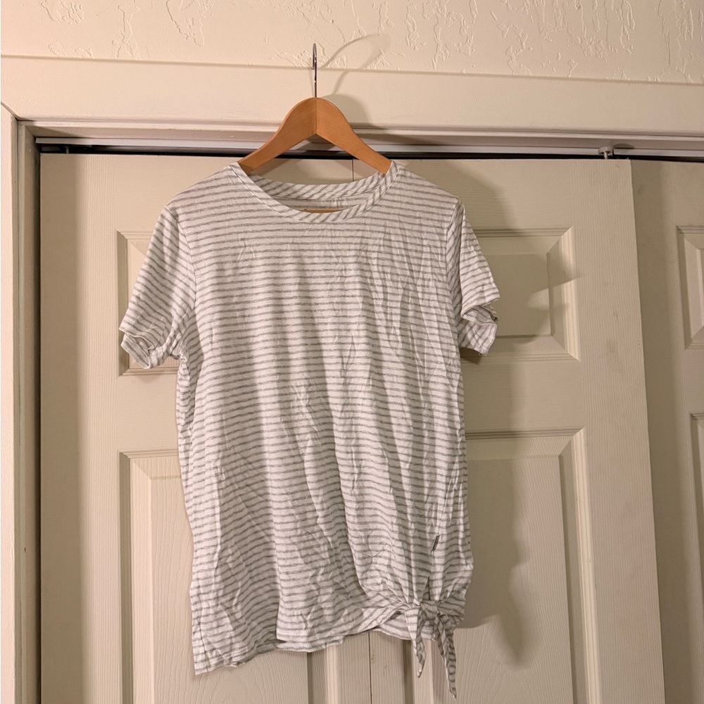 Eddie Bauer Striped White and Gray Tie-Front T-Shirt